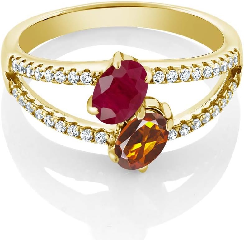 Gem Stone King 18K Yellow Gold Plated Silver Red Ruby Madeira and Citrine 2 Stone Ring For Women (1.41 Cttw, Gemstone Birthstone)