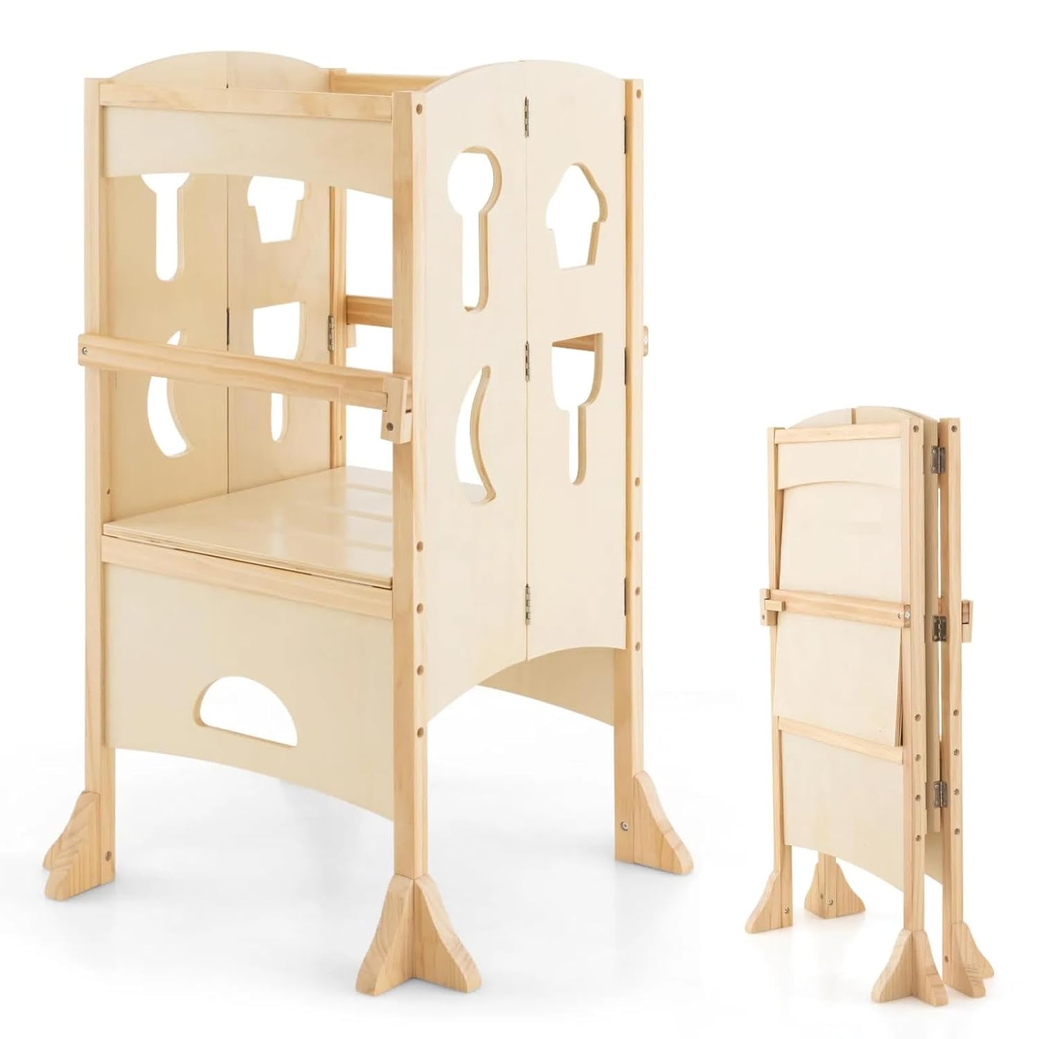 HONEY JOY Kitchen Step Stool for Toddlers, Children Wooden Standing Tower w/Safety Rail, Montessori Foldable Kids Learning Stool for Kitchen Counter(Natural)