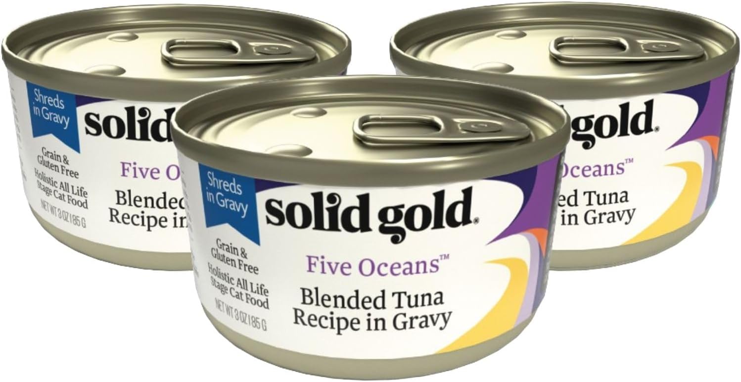 Solid GoldWet Cat Food Shreds in Gravy Five Oceans 3 Count Sample Pack - Canned Cat Food Made w/Real Tuna for Cats of All Ages - Grain Free Cat Wet Food for Sensitive Stomach
