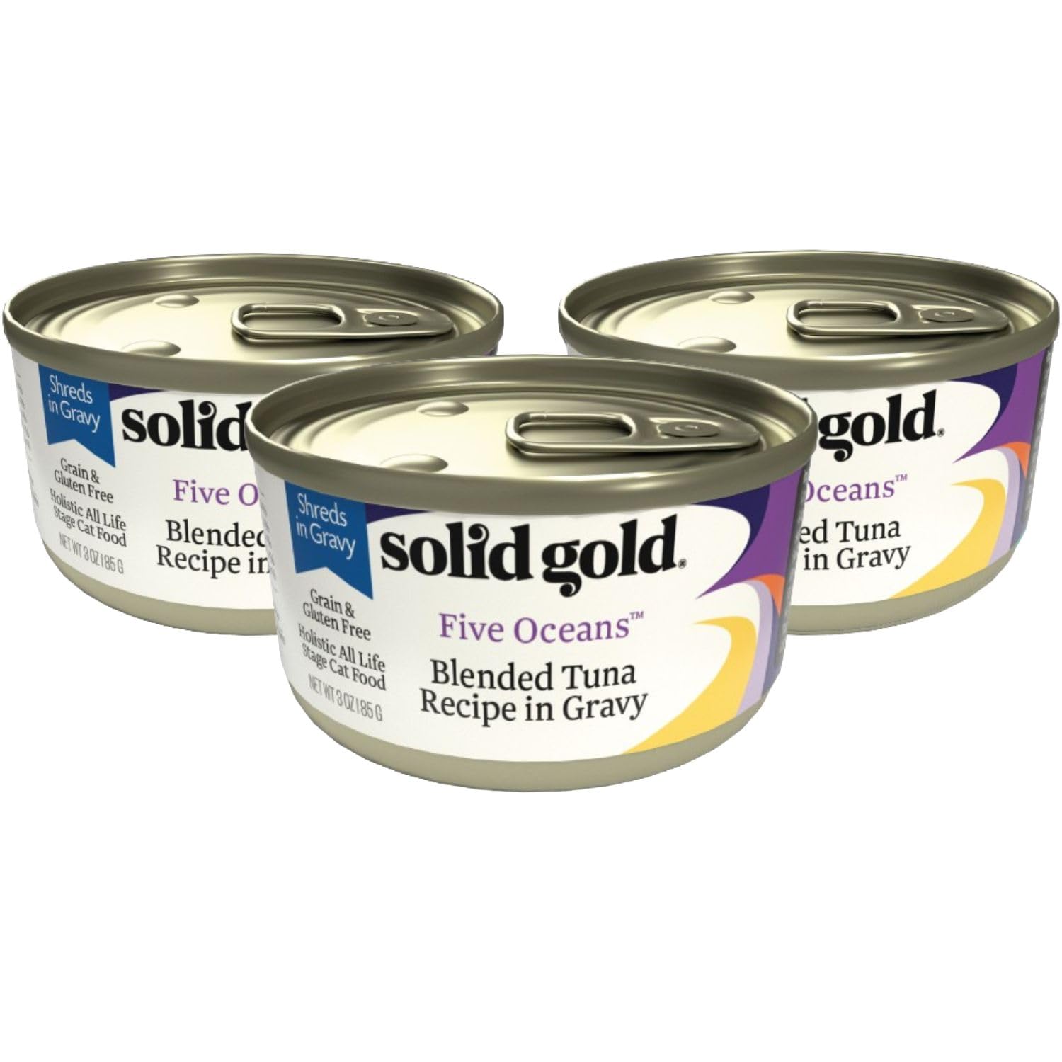 Solid GoldWet Cat Food Shreds in Gravy Five Oceans 3 Count Sample Pack - Canned Cat Food Made w/Real Tuna for Cats of All Ages - Grain Free Cat Wet Food for Sensitive Stomach