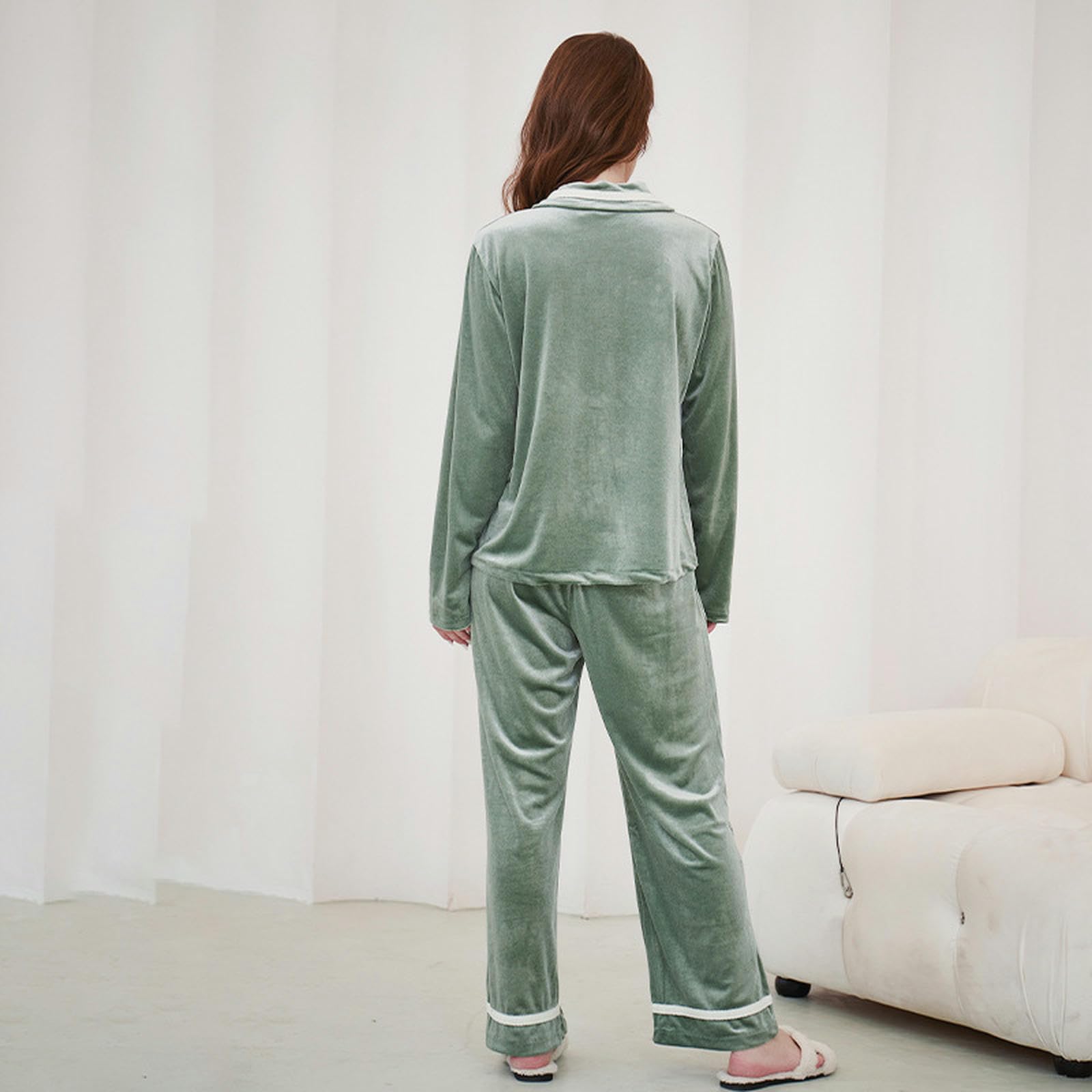 Pigiama Set di Pigiami Autunno E Inverno Femminile, Pigiama A Bottone in Velluto Dorato, Pigiama Sciolto per La Pelle-Matcha Green-XL