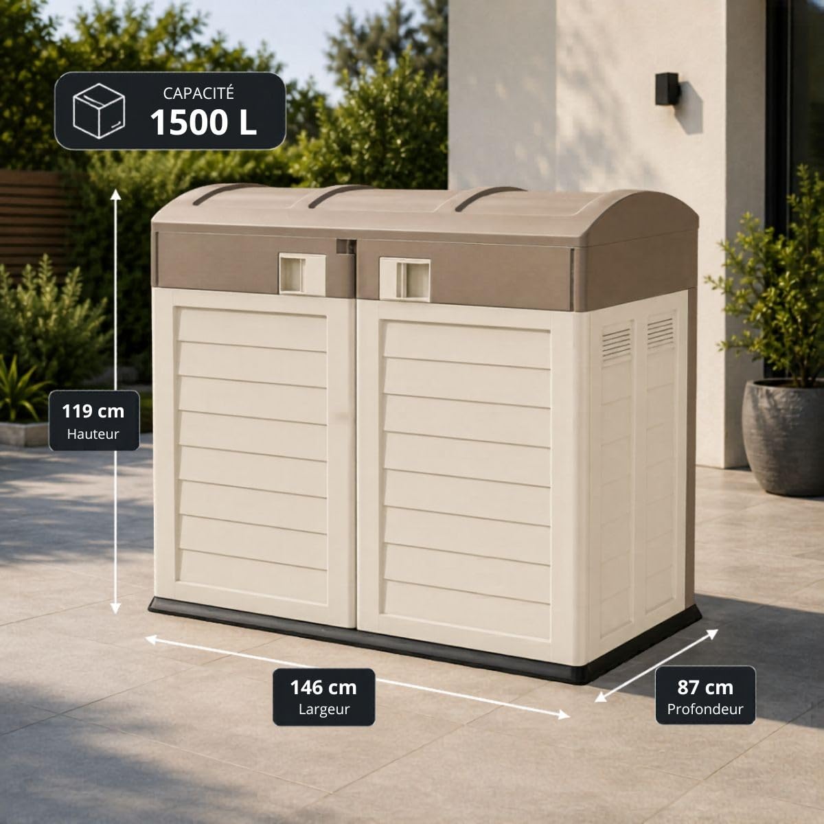INTEC - Coffre de Jardin 1500L - Abri Poubelle Exterieur Polypropylène Verrouillable Rangement Outils Jardin
