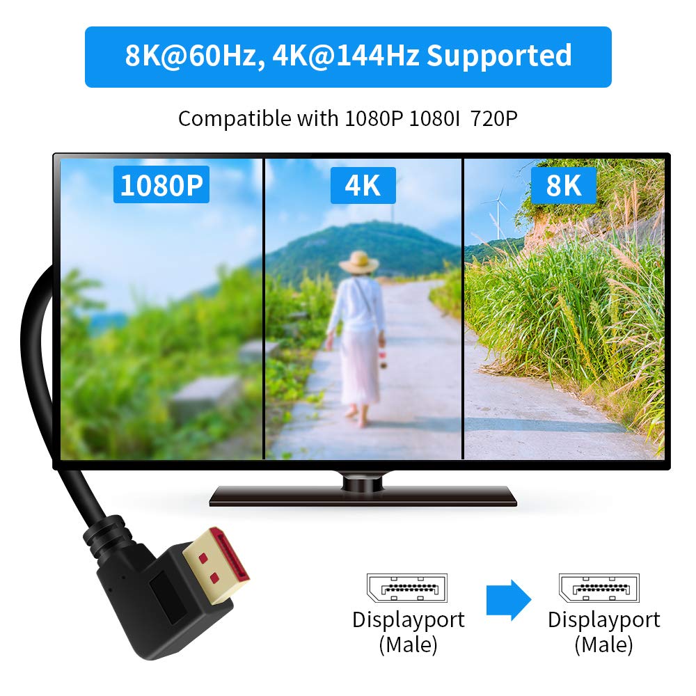 Cable adaptador Displayport 1.4 de 90 grados, cable de puerto de visualización de ángulo recto en ángulo izquierdo 8K/60Hz, 4K/144Hz 6ft/1.8m macho/macho de alta velocidad para SSUPD 3