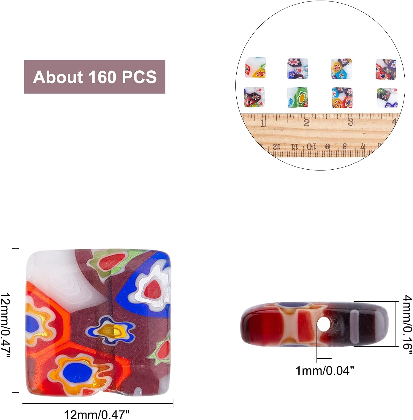 arricraft 160 Pcs Millefiori Lampwork Beads, Square Shaped Glass Beads, 12mm Handmade Spacer Beads for DIY Bracelets Necklace Jewelry Making, Mixed Color