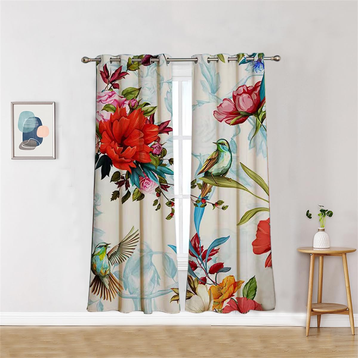 Koudi Floral Blackout Curtains Birds Flowers Decor Darkening Window Curtain Drapes with Grommet Thermal Insulated Curtain Panels for Bedroom Living Room Dining Room, 2 Panels, 52x96 Inch