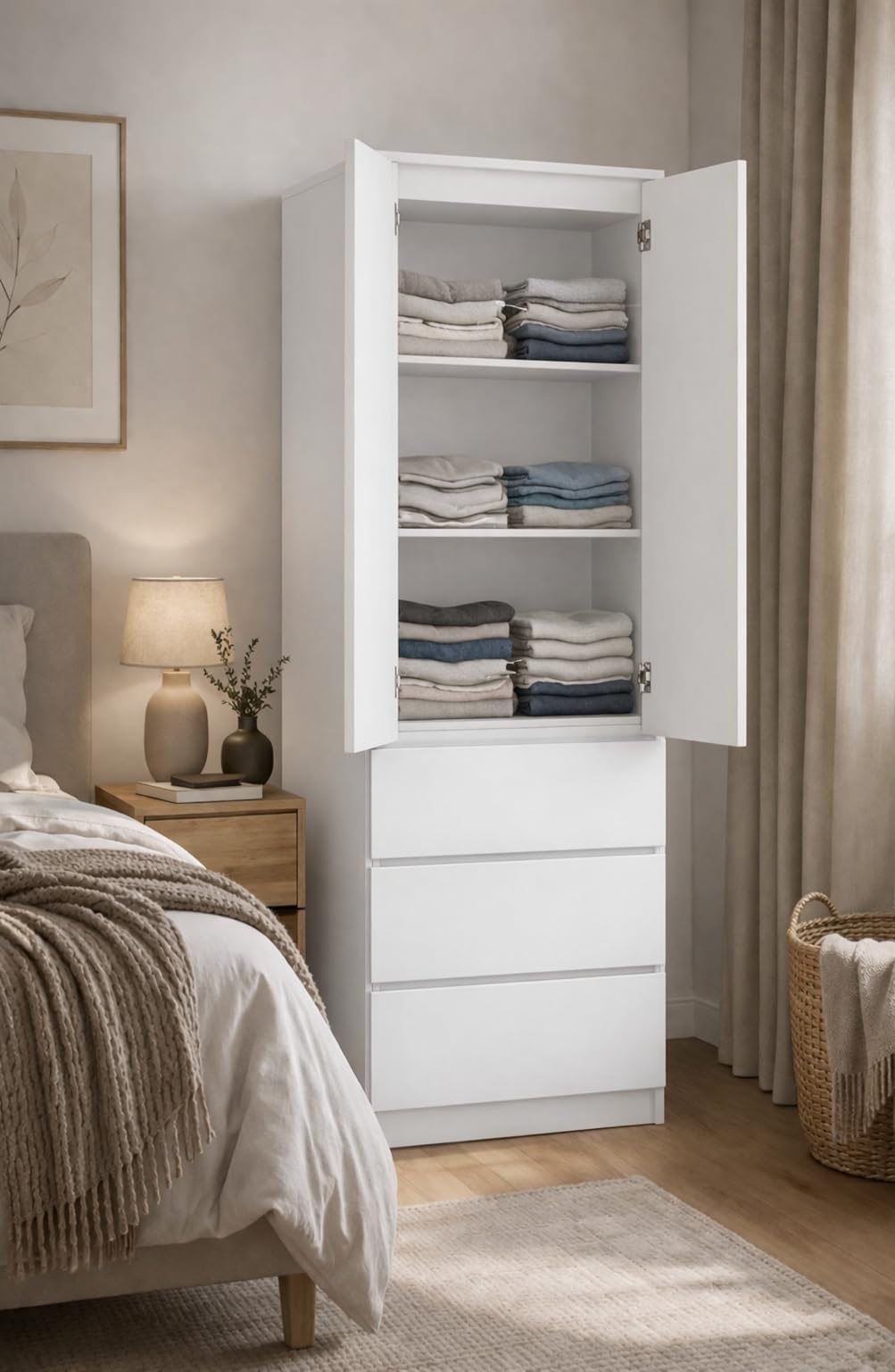 Armadio multiuso con 3 cassetti, 3 scomparti e 2 ante per camera da letto, soggiorno o corridoio, 180,5 x 50 x 40 cm (bianco)