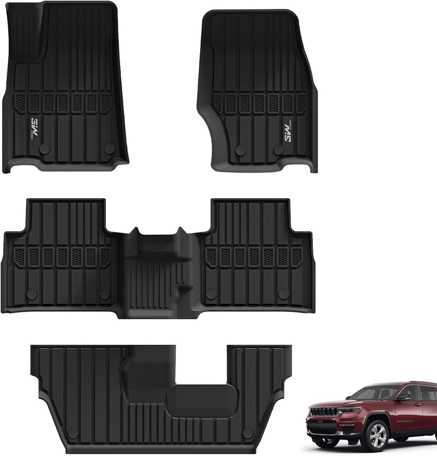 3W Floor Mats Fit for Jeep Grand Cherokee L 7 Seat 2021-2025 All Weather TPE Custom Fit Floor Liner for 1-3 Rows Full Set Car Mats Black(NOT Fit for 6-Passenger) Cherokee L 7 Seat 2021-2025 Floor Mats