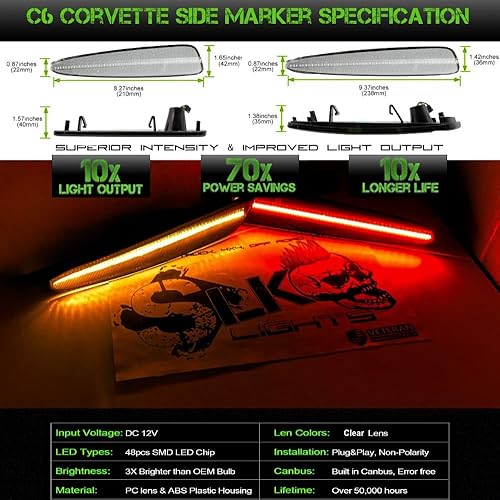 Miniatura 4 de SLK - Luces LED de posición laterales para Chevrolet C6 Corvette 2005-2013 ámbar LED frontal y rojo trasero C6 luces de marcador reemplazan las