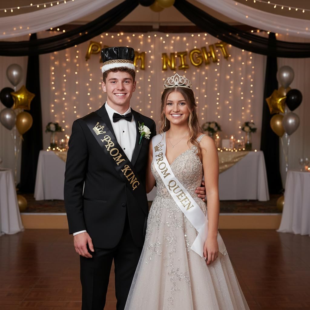 Anderson's Royal Couple Coronation Set, Black Metallic King Crown and Sparkling Rhinestone Gold Sasha Tiara for Prom, Homecoming, Winter Formals, Special Events and Dance Coronations