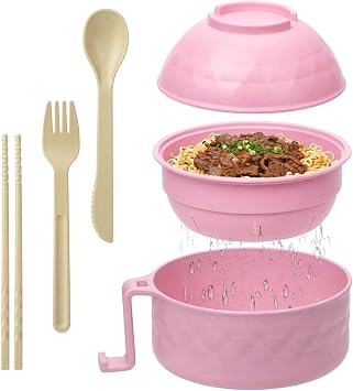 Ramen Cooker,32oz Ramen Bowl Set,Microwave Ramen Bowl, Microwave Bowl with Lid, Portable Noodle Bowls,for Home Office Dorm Room College gift Pink