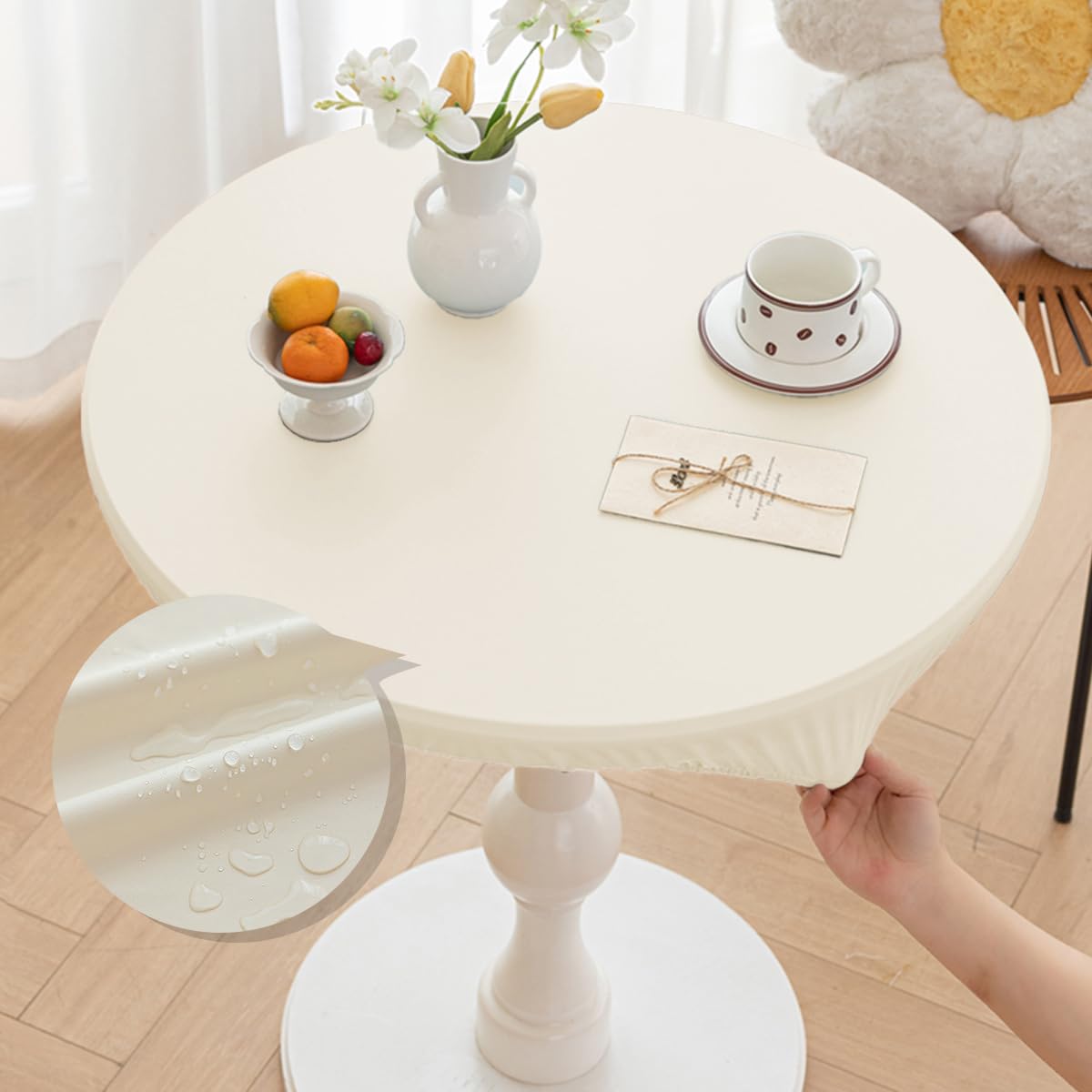 Morbuy Tischdecke Rund 60 cm, für Tische von 40 bis 50 cm, PU-Leder Outdoor Tischdecken Wetterfest, Abwaschbar Weiß Klein Gartentischdecke Table Cloth für Garten, Draußen