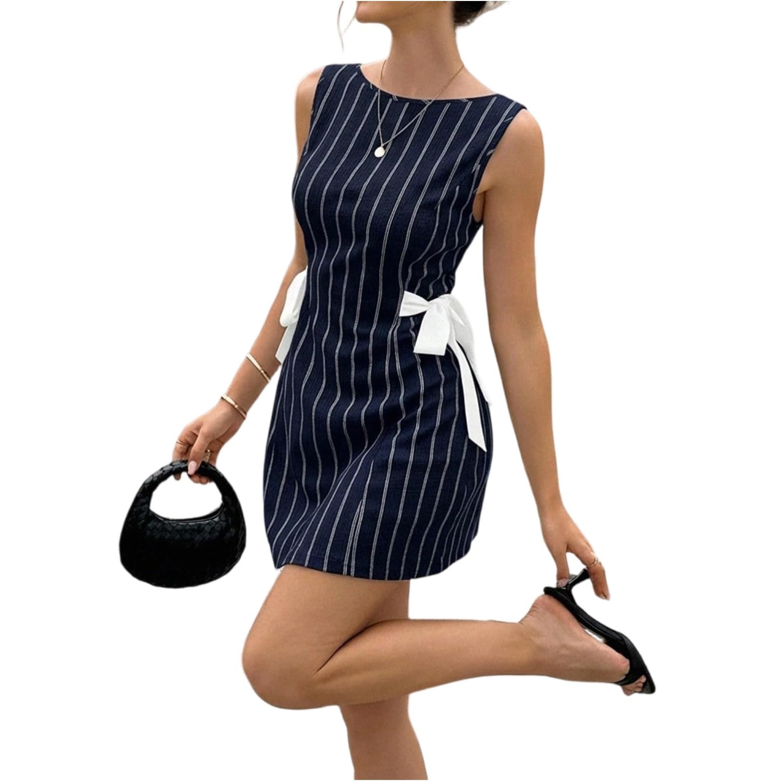 2026 Mini abito da donna a righe sexy girocollo senza maniche con fiocco laterale vintage elegante abito estivo brunch uso quotidiano