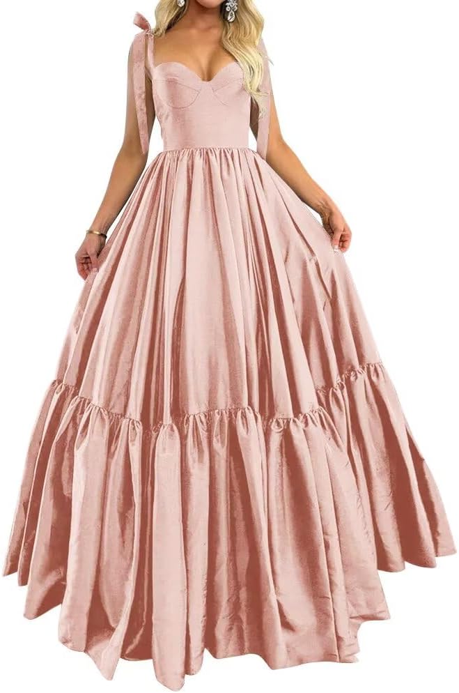 Satin Prom Dresses for Women 2025 Bow Strap Long Ball Gown Sweetheart Ruffles A Line Corset Cocktail Party Dress