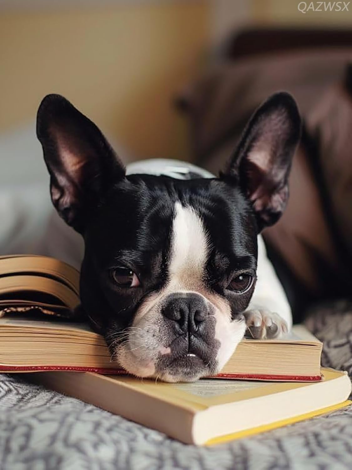 QAZWSX Boston Terriers, Books, Dog 5D Diamond Art Painting Kit with Round Full Diamond Art for Beginners Cross Stitch Gem Wall Art Home Decor 30x40cm