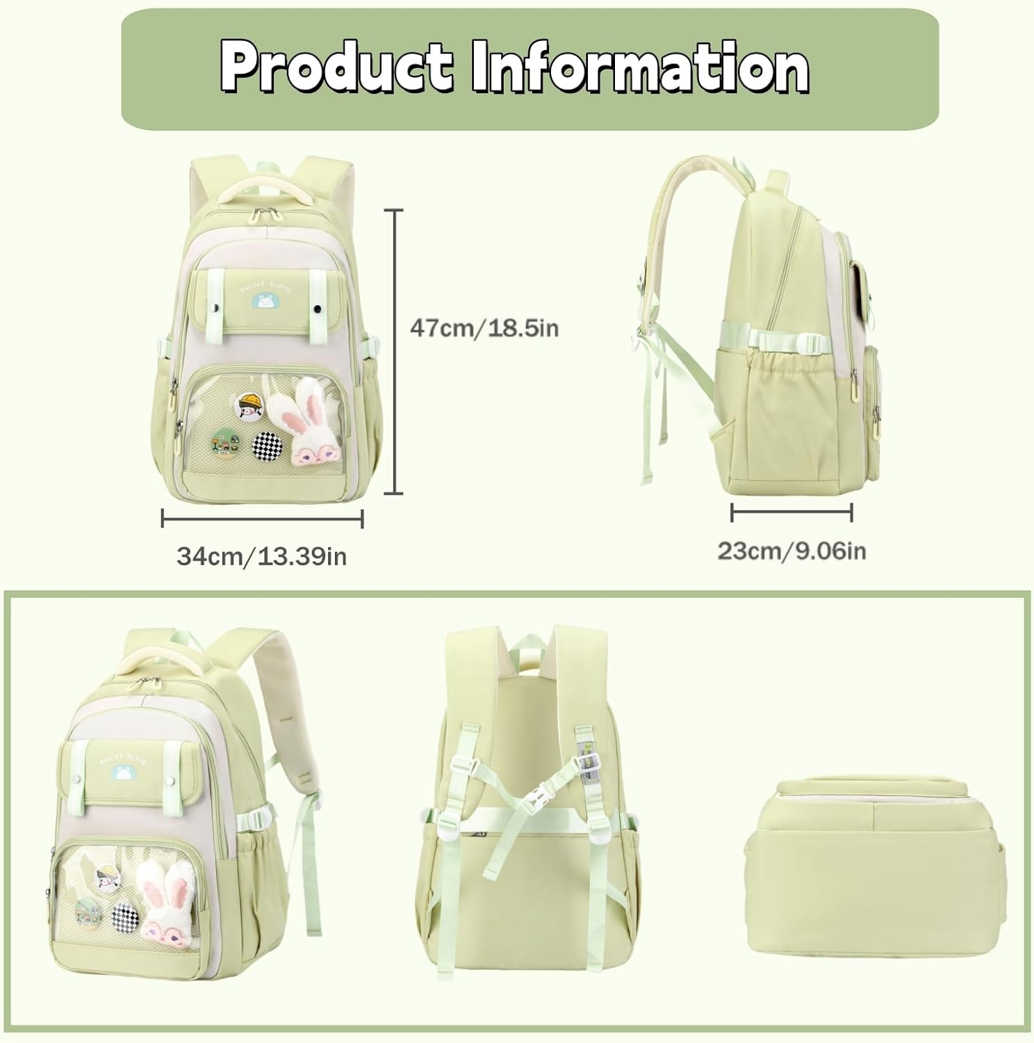 Mildame Kawaii School Backpack for Teen Girls, Cute Bookbags for Elementary Middle School, Multiple Pockets Girls Daypack with Accessories, Grey - Image 2