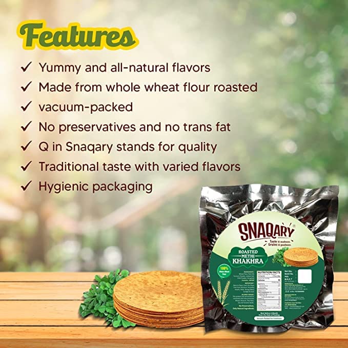 Image of Snaqary All In 1 Whole Wheat Flour Khakhra Roasted Jeera Khakhra, pack of 2, Healthy Indian Snacks, Crispy and Crunchy Delicious snacks (Roasted Methi Khakhra, 1)