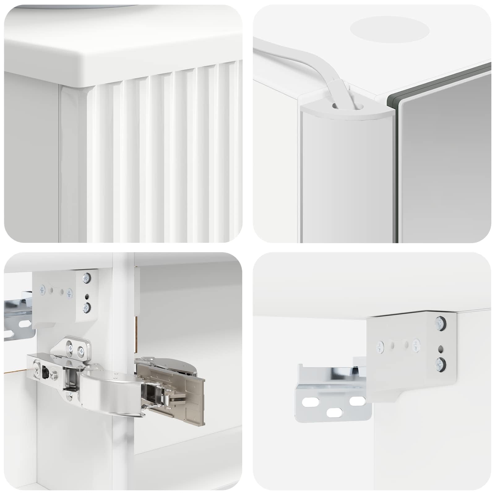 Juego de 4 muebles de baño de madera y cristal, color blanco, montaje en pared, con iluminación LED, espacio de almacenamiento, espejo de doble cara, fuente de alimentación USB