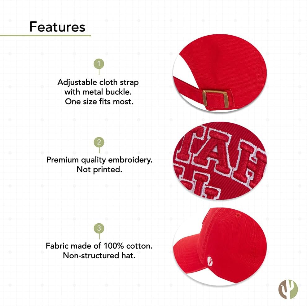 Desert Cactus University of Utah Baseball Hat UT Utes Brimmed Embroidered Hats Cap Adjustable Cloth Strap Adult (Style F) Red - Image 5