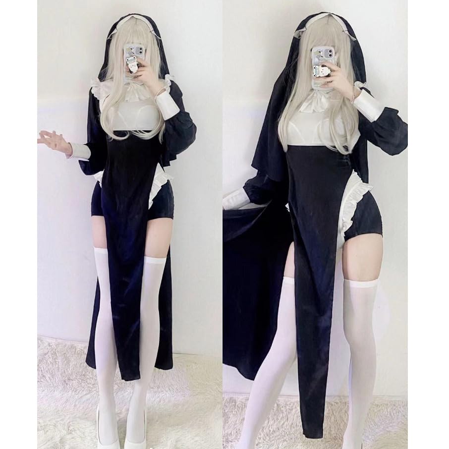 : シスター コスプレ セクシー 修道女 衣装 6点セット 大きいサイズ ハロウィン 仮装 胸あき かわいい ランジェリー  可愛い 純欲風 演出服 撮影 誘惑 ワンピース ストッキング付き イベント 学園祭 文化祭 大人 レーディス (2XL) : ホビー