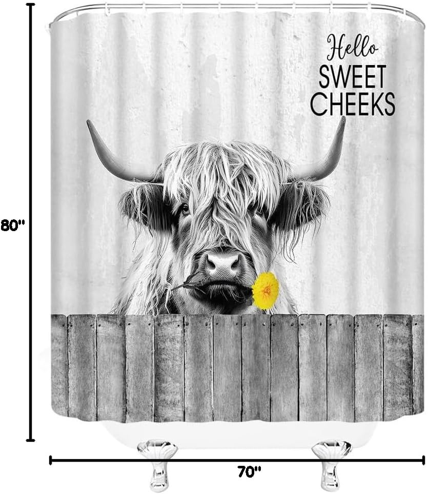 Farmhouse Highland Cow Shower Curtain Rustic Flower Longhorn Animal Hello Sweet Cheeks Western Fabric Bathroom Decor Curtains with Hooks,70 x 80