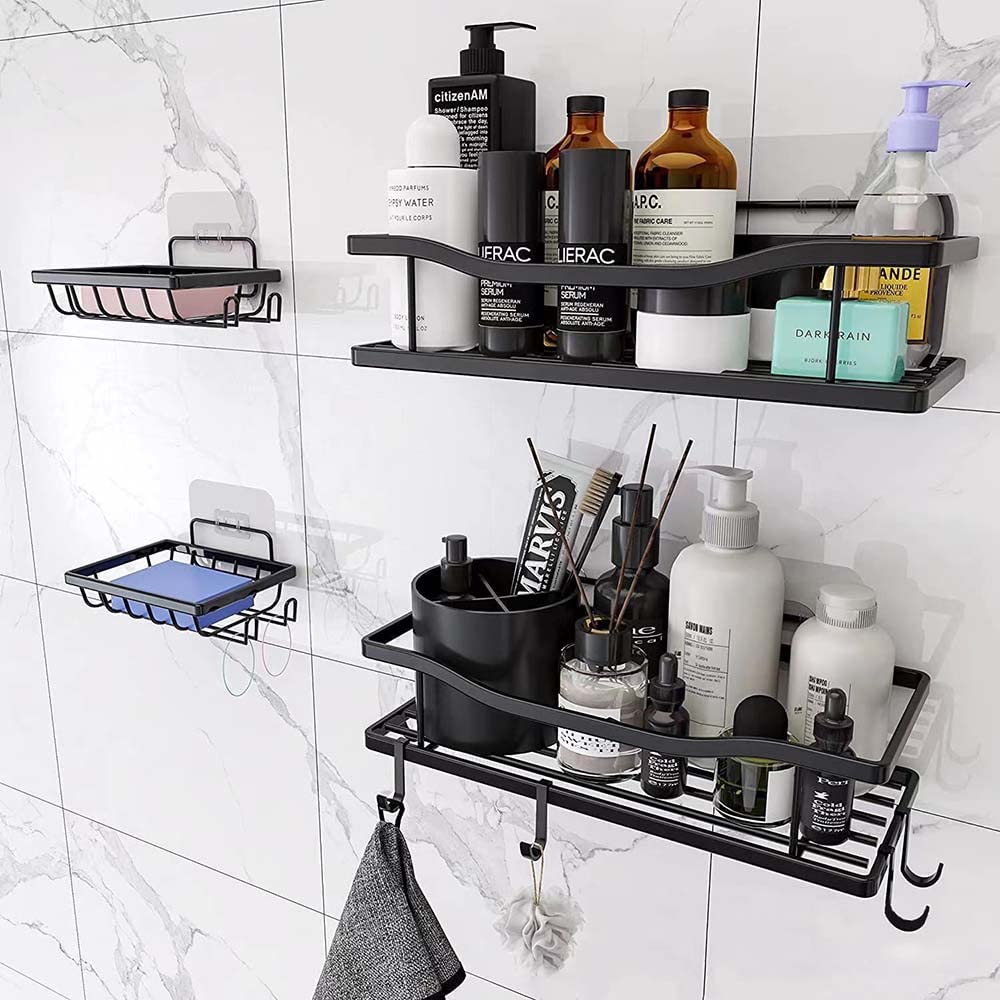 Shower Caddy Shower Shelves 9-Pack No Drilling Traceless Adhesive Shower Wall Shelves Rustproof Black Bathroom Shower Storage Organizer