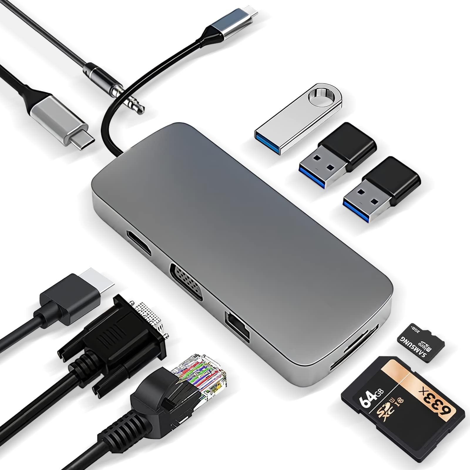 Station D'accueil USB-C 10-en-1, HDMI 4K, Lecteur SD/TF, Multiprise Adaptateur