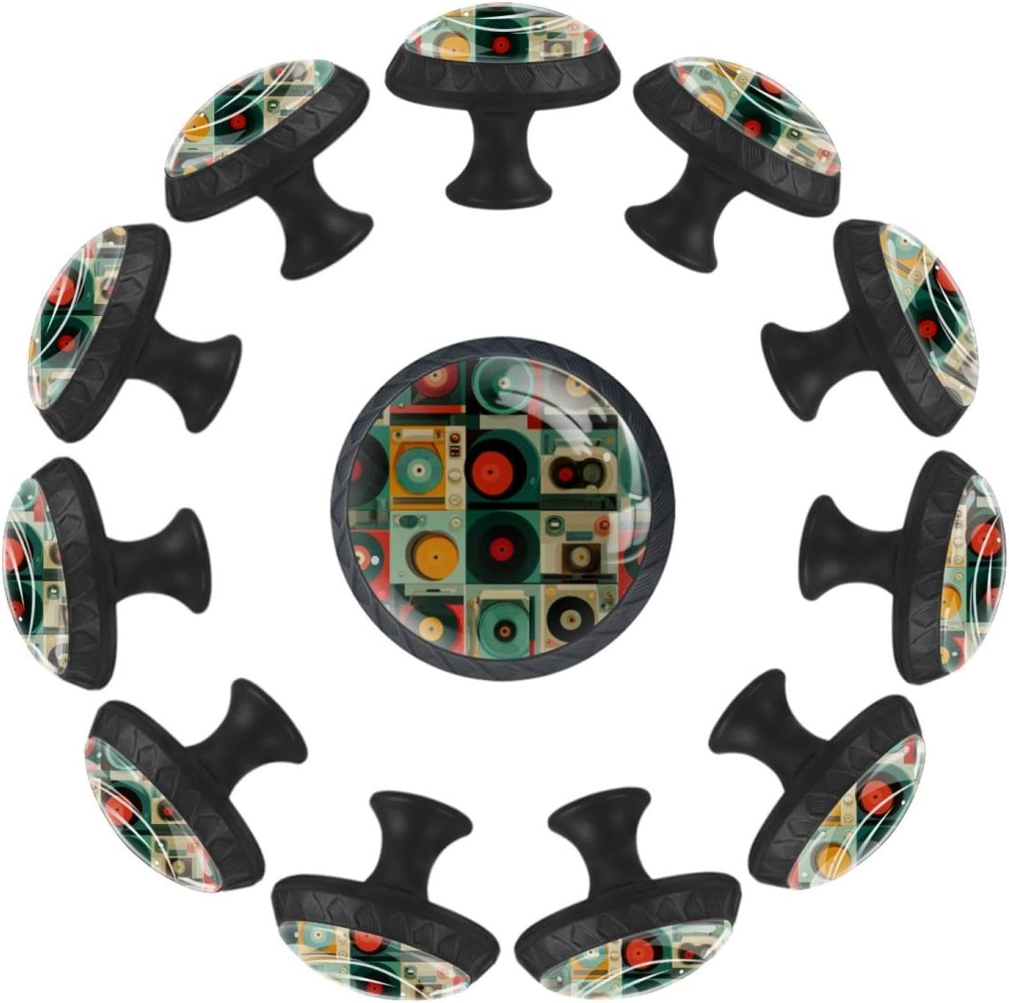 Black Base Color Record Player Pattern (34) Round Pulls, Decorative Cabinet Knobs for Indoor Room Decoration