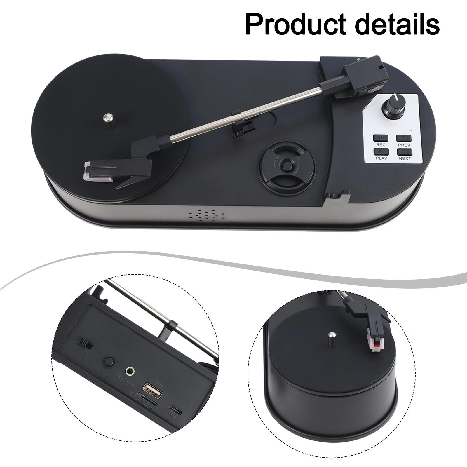 Giradischi da vinile a MP3 con slot per schede, giradischi da 33/45 giri/min, uso domestico e portatile, per design compatto in ABS, nero