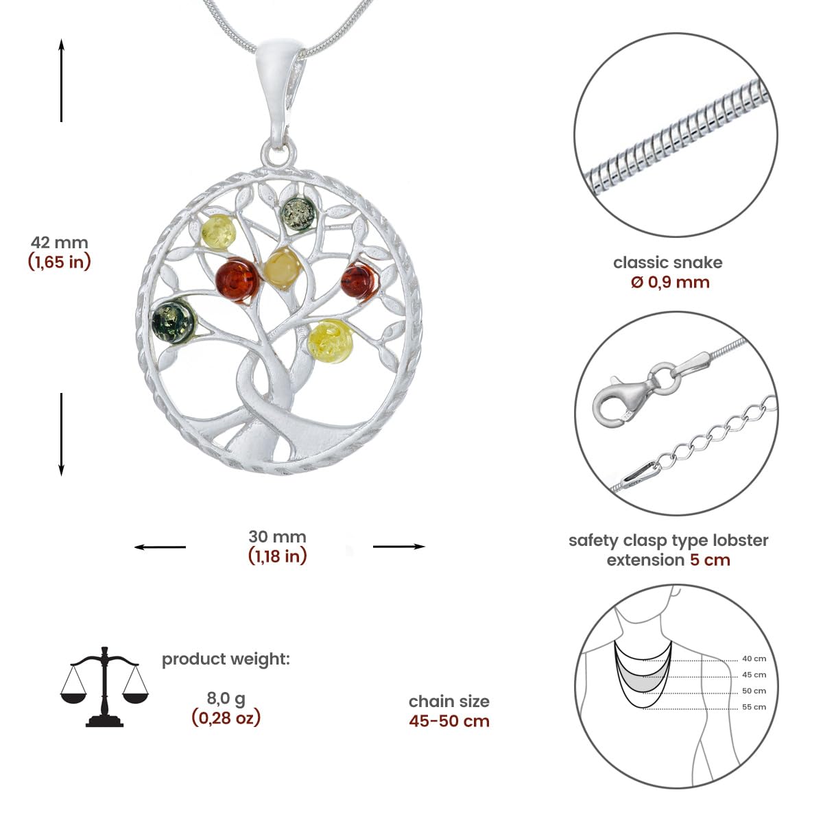 Collar grande de plata para mujer, modelo 06, con ámbar pulido, ámbar báltico, colgante de plata en cadena