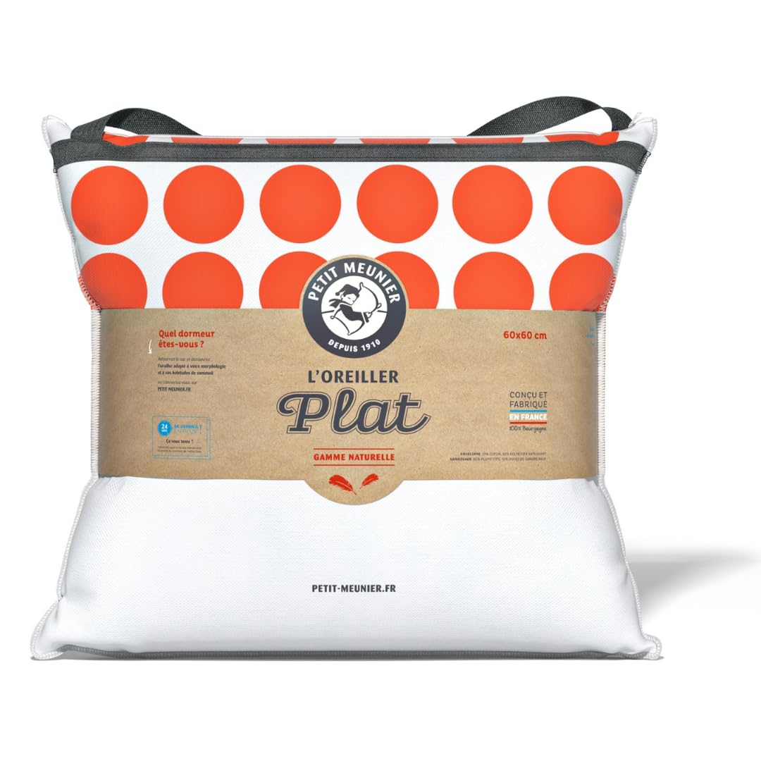 Oreiller Plat 60x60 Duvet & Plume | Couchage sur le ventre & dos - Garnissage naturel plumes léger - Anti-cambrure nuque - Douceur saine - Fabriqué en France
