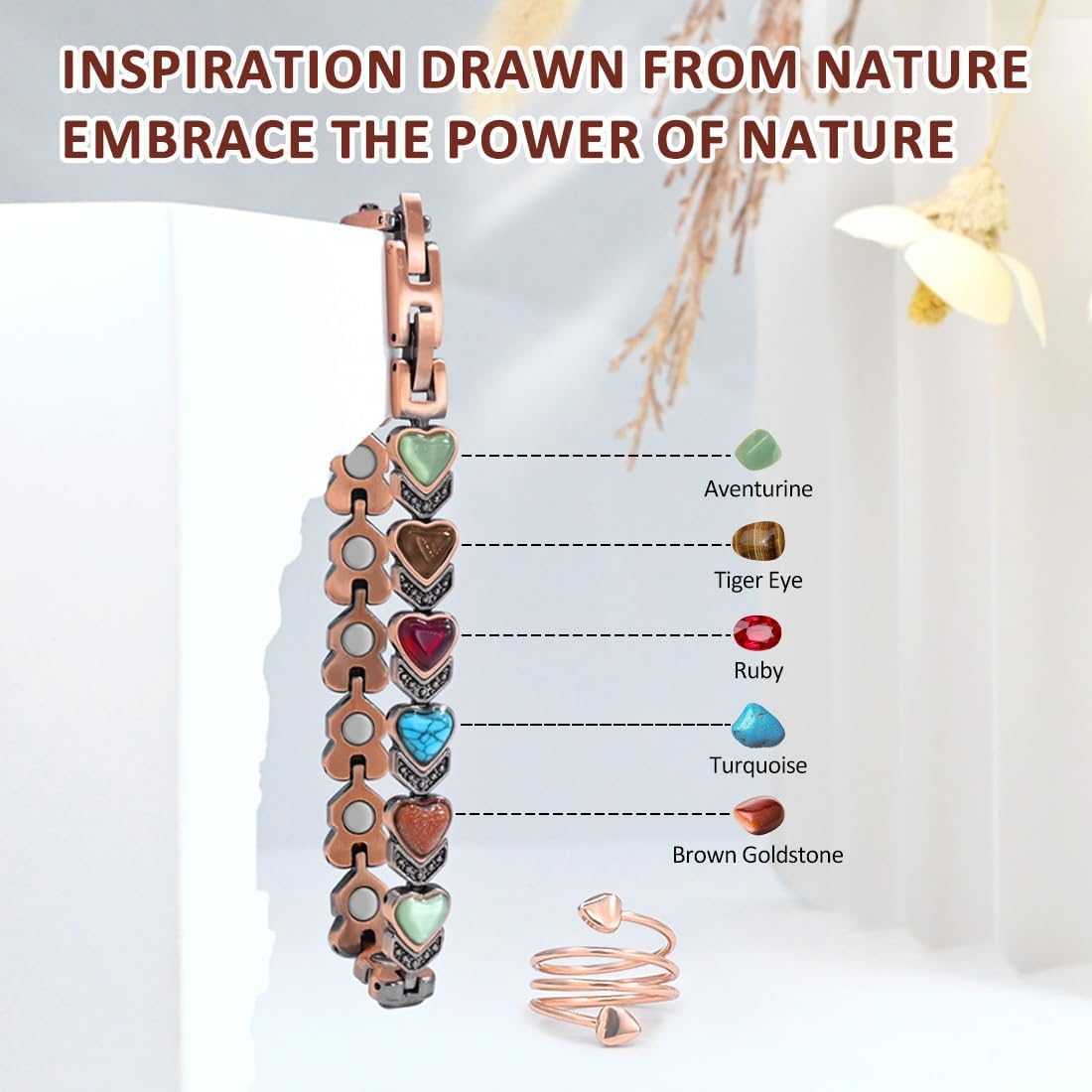 Vicmag 4PCS Magnetic Copper Necklace Bracelet Ring Set for Women Men - Magnetic Jewelry Present for Wellness & Neck Tension Relief, 99.9% Pure Copper