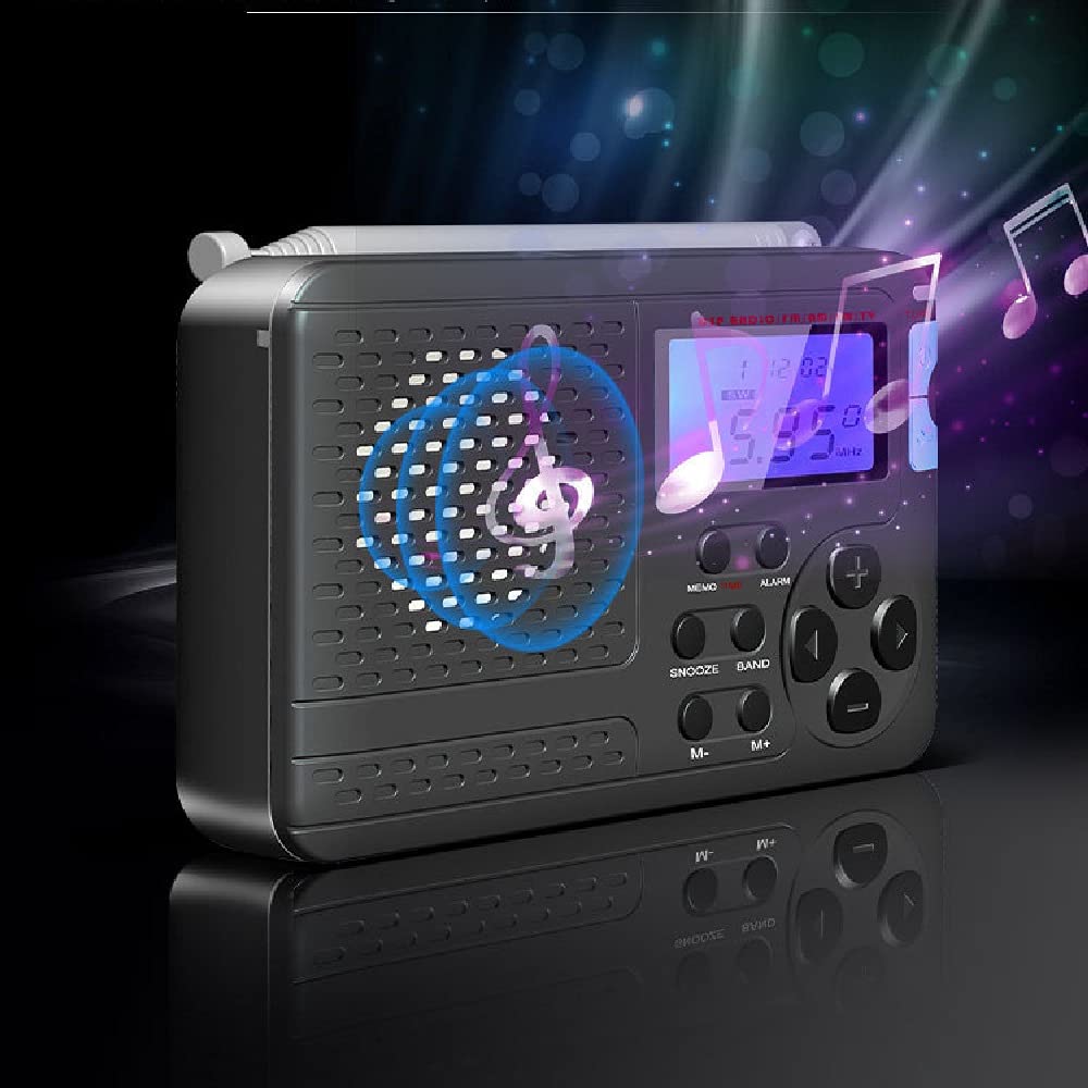 Radio Groupe AM/FM/SW/TV Radio de Radio et réveil alimenté par la Batterie radios Portables Haut-Parleur intégré Radio numérique avec USB Charging Casque, Noir