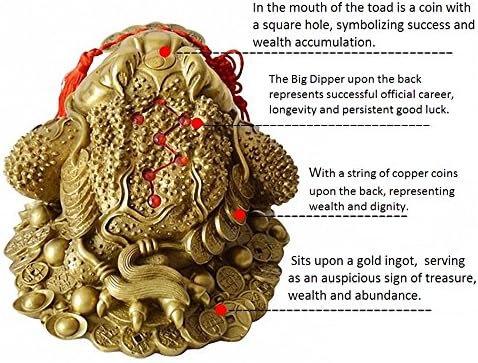 Miniatura 3 de Estatua de rana de dinero de Feng Shui de latón con dije de la suerte monedas antiguas en cuerda roja, decoración de Feng Shui