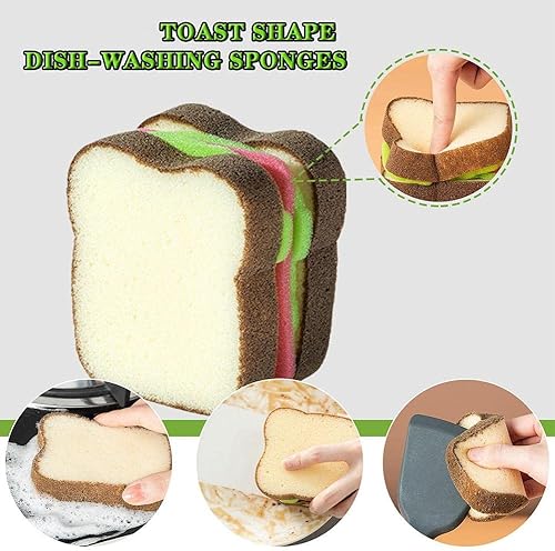 Miniatura 2 de 3 esponjas de alta resistencia, esponja en forma de tostada, lindas esponjas de cocina gruesas de limpieza profunda, estilo sándwich para lavar