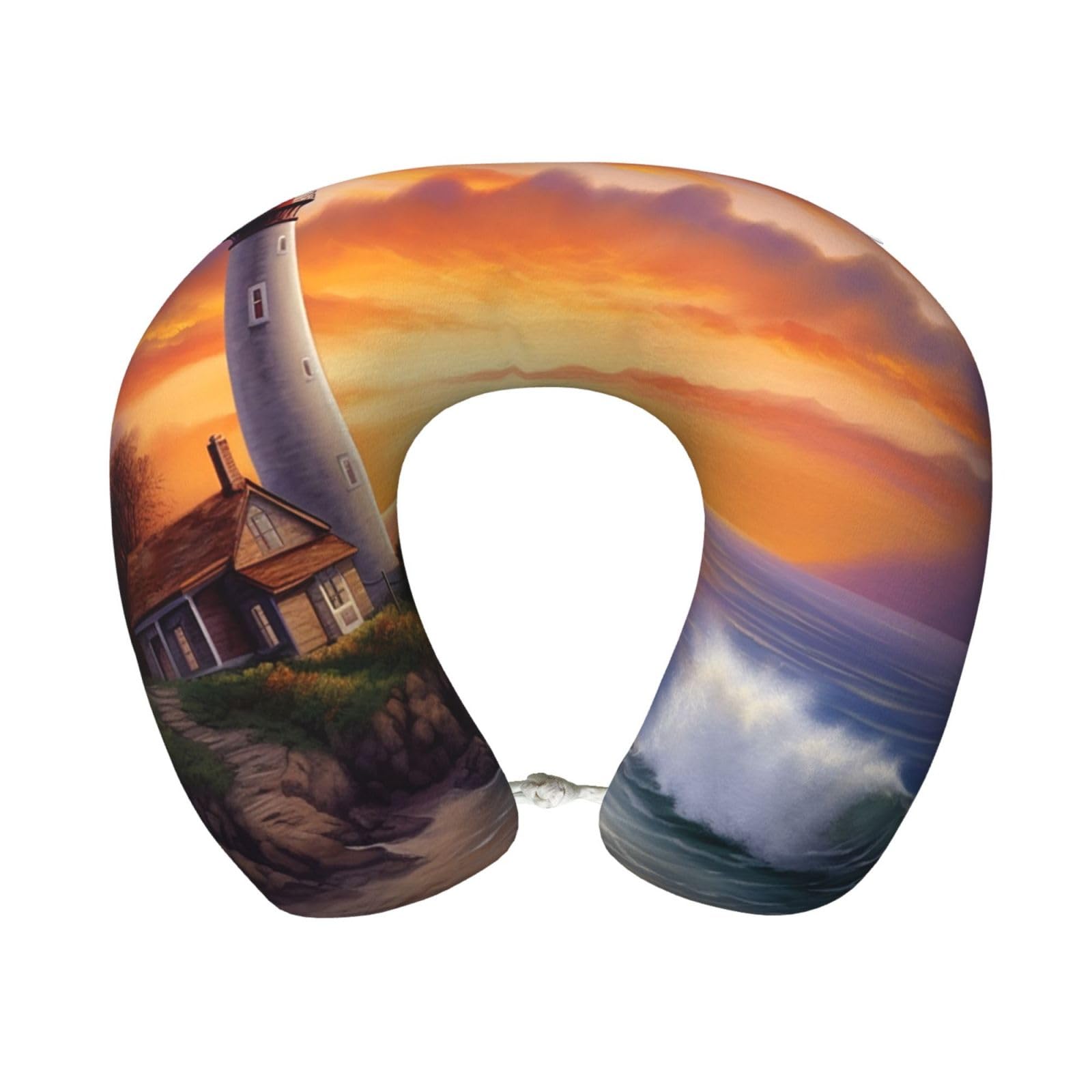 peiyeety Lighthouse at Sunset Travel Pillow Memory Foam - Comfortable U Shape Neck Pillows for Sleeping, Neck and Head Support Portable Airplane Pillow Adjustable Flight Pillow, Washable Cover