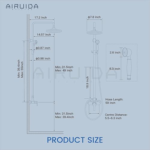 Miniatura 6 de Airuida Accesorio de ducha de níquel cepillado de 8 pulgadas, cabezal de ducha de lluvia expuesto, sistema de ducha de tubería expuesta, manija