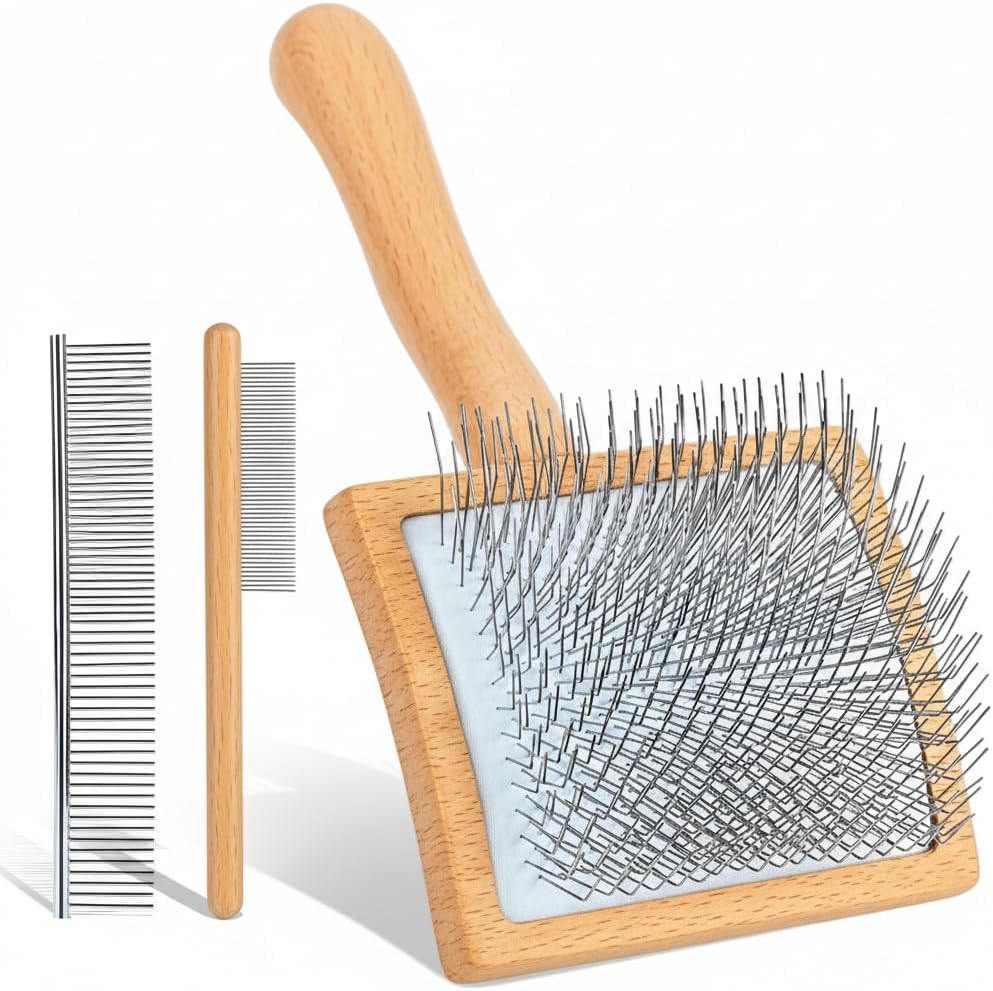 Slicker Brush for Dogs, Large Long Pin Dog Grooming Brush for Doodles Goldendoodles Poodles Labradoodle Bernedoodles, 3 Pcs Wooden Handle for Mats Tangles – Wood