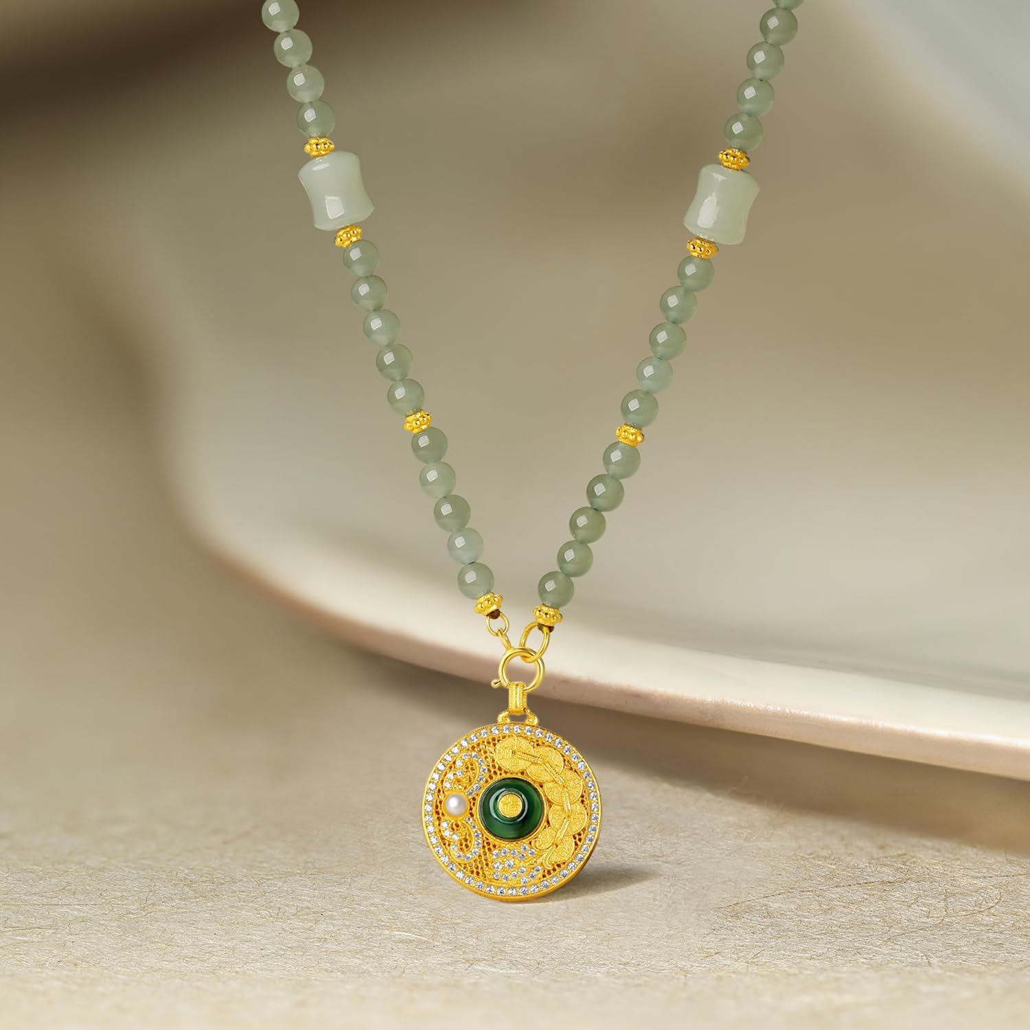 Sterling Silver Necklaces Silver Peace Buckle Gourd Pendant Necklace Green Jasper Beaded Chain Necklace Dainty Jewelry for Women Her Gifts Birthday Anniversary 23.6"/60CM Y0620856 - Image 4