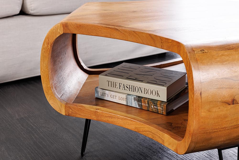 Riess Ambiente Couchtisch Organic Living 70cm - schwarz braun - Akazienholz | Massiv, Stauraum, hochwertig, individuelle Maserung, natürliche Optik, Hairpin-Design, Ablagefach, Metallgestell