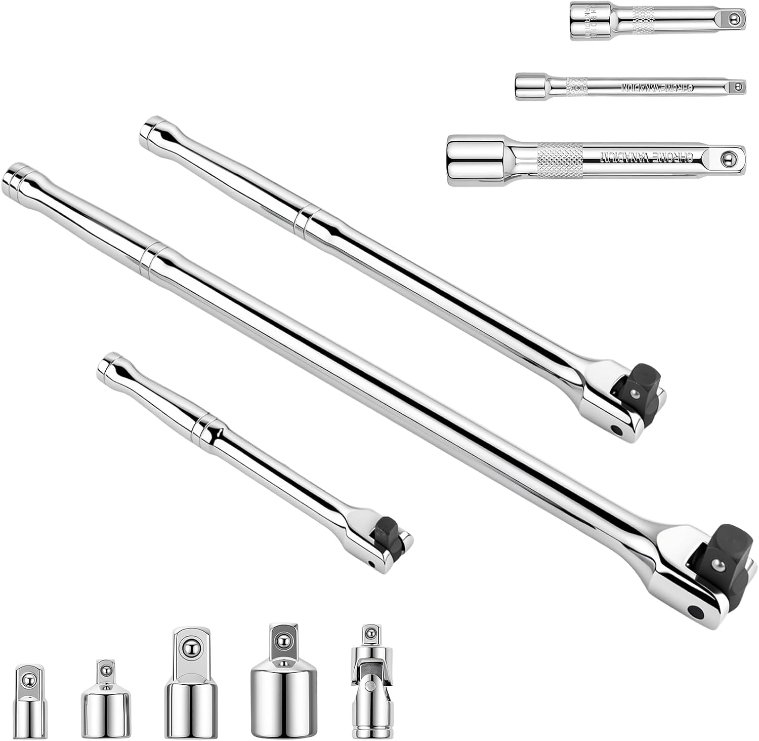 11Pcs Breaker Bar Set | 1/4”, 3/8” and 1/2” Drive, 180 Degree Rotatable Head, 4 Socket Adapters and 1/4" Universal Joint, Cr-V