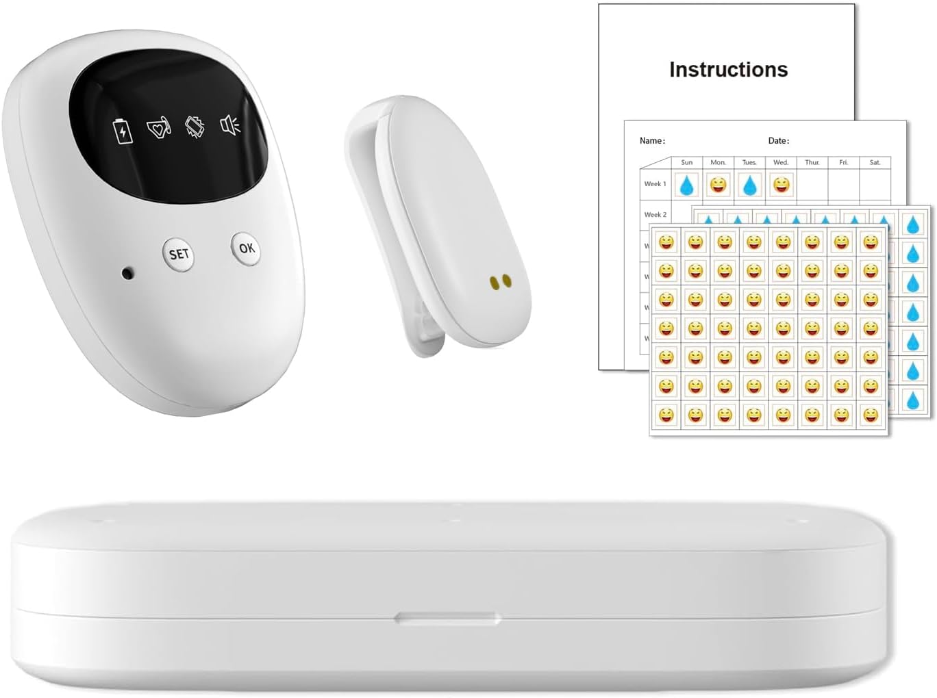 Wireless bedwetting alarm for kids (USB rechargeable, 3 modes) white