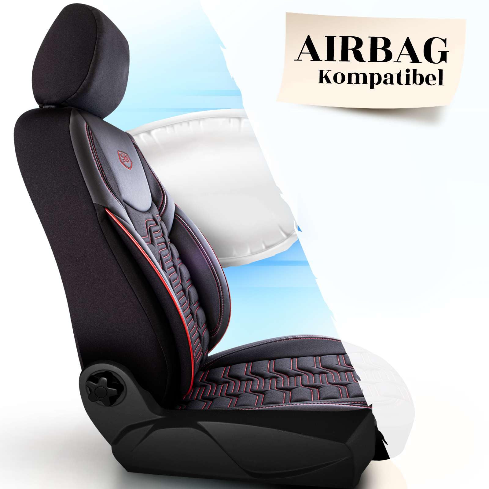 Autositzbezüge Universal – Premium Autozubehör Innenraum für PKW & SUV – Jacquard Sitzauflage, Autoschonbezug Auto, Airbag-kompatibel, Schwarz-Rot, Vordersitz-Set inkl. Montageset