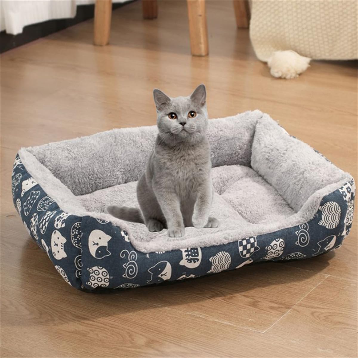Odot Dog Bed Medium Large Small size Dogs, Rectangle Washable Pet Bed for Cat Puppy Crate, Calming Dog Sofa, Soft and Fluffy, Non-Slip (Blue cat,M)