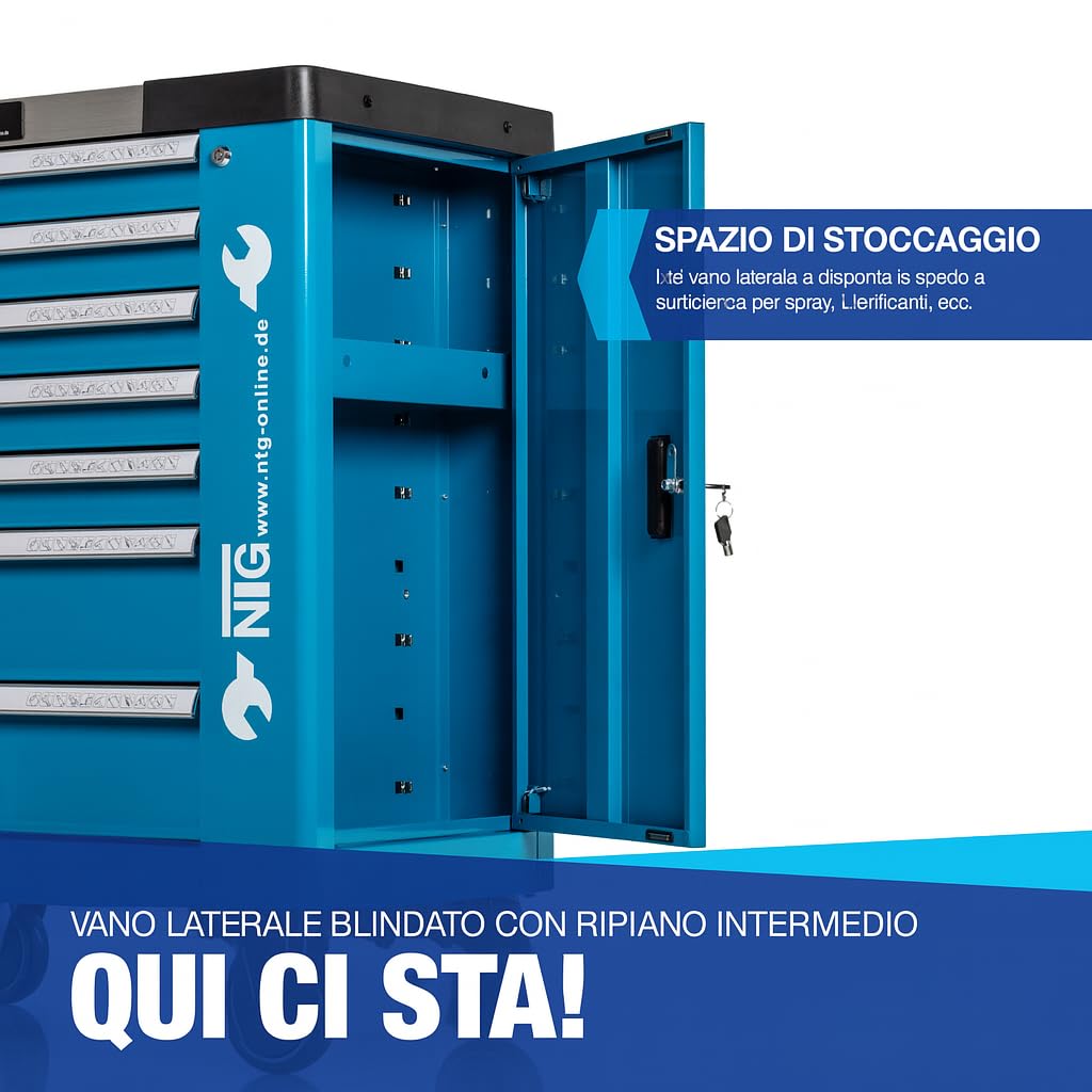 NTG carrello portautensili + utensili + 7 cassetti | 247 pezzi | chiudibile a chiave | 6 dei quali con utensili | con intarsi morbidi in carbon look | cassetti pieni | carrello portautensili
