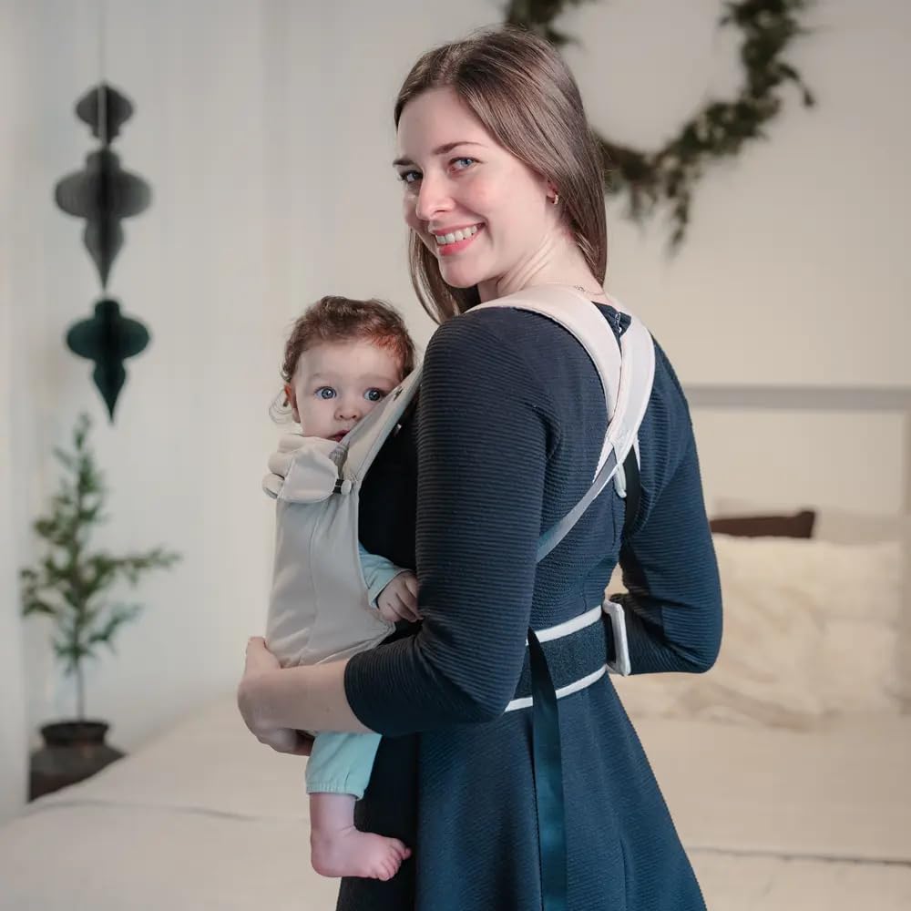 LIINI® Babytrage aus Baumwolle (Graubeige) – ab Geburt 3,5 kg bis 15 kg, ergonomisch & verstellbar, Kopfstütze, Klickverschluss – CE EN71-3 & SGS EN13209-2