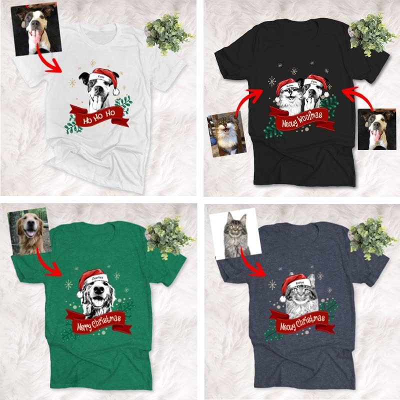 Pawarts Customized Pet Portrait Christmas Ribbon Shirt- Custom Dog Shirts for Dog Mom Dog Dad Funny Xmas Gift,Holiday Shirt