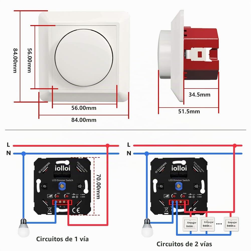interruptor regulador de luz, encendido/apagado giratorio LED atenuador interruptor para Regulable LED/incandescente/bombillas halógenas, 2 vías, 3-150W (1-10 LEDs)