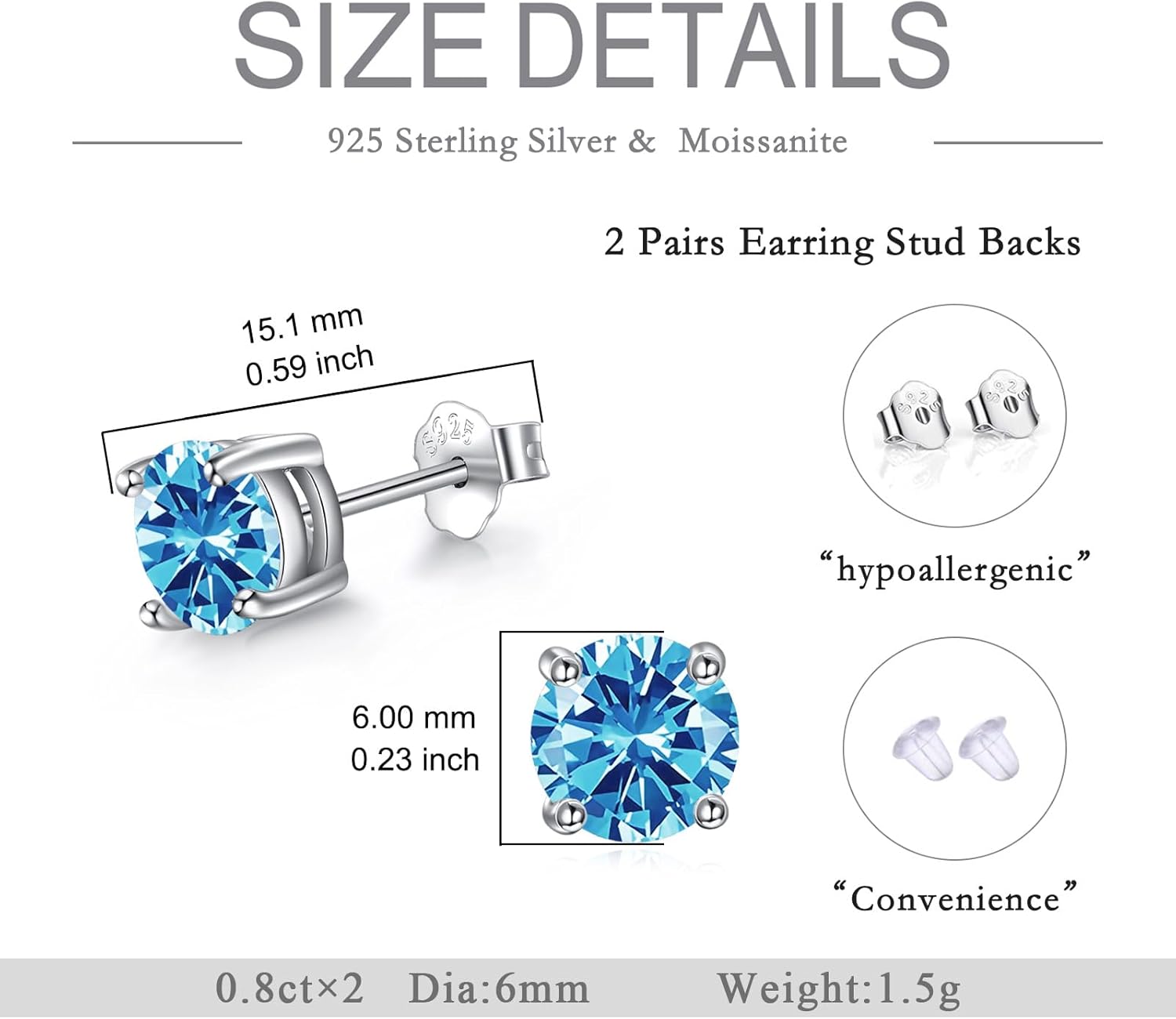 AOBOCO Birthstone Stud Earrings for Women 925 Sterling Silver Crystal Stud Earrings Hypoallergenic Jewelry Birthday Christmas Gifts for Women Men