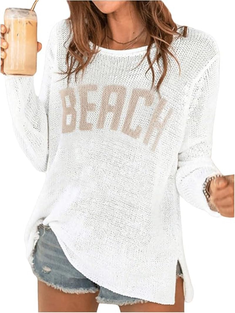 Melliflo Womens Letter Print Beach Cover Up Long Sleeve Crew Neck Slit Hem Pullover Sweaters Crochet Loose Fit