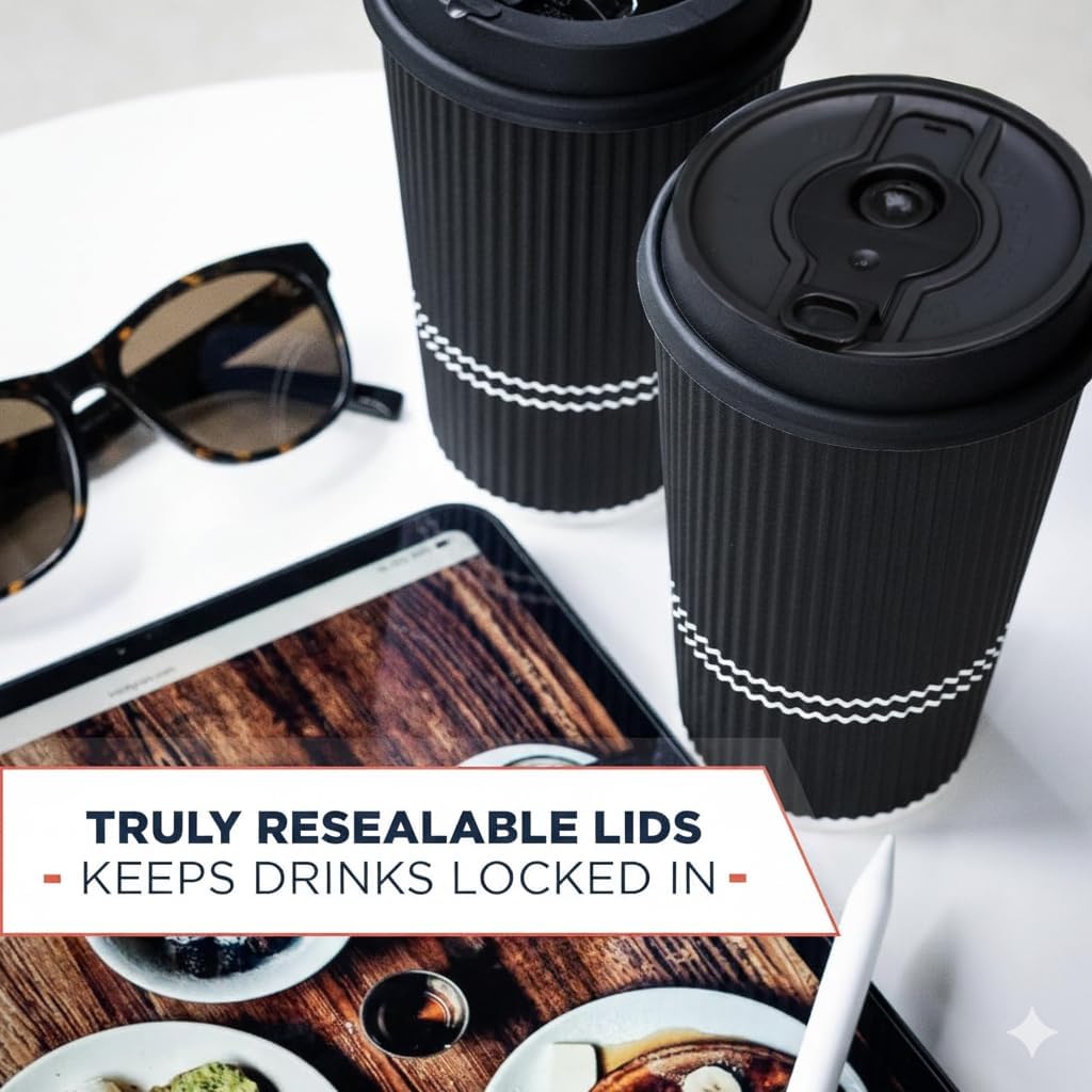 To Go Coffee Cups With Lids - 22 oz Disposable Coffee Cup With Lid. Large Togo Travel Paper Ripple Hot Cups Insulated For Hot, Cold Beverage Drinks, No Sleeves Needed (50, Black)